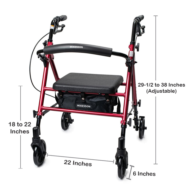 McKesson 4 Wheel Rollator Red Adjustable Height / Folding Aluminum Frame (1095248_EA) 1/EA