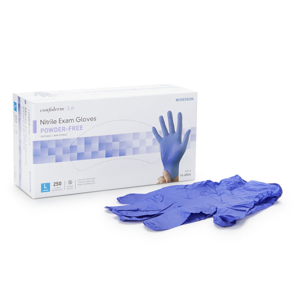 McKesson Confiderm® 3.0 Exam Glove Large NonSterile Nitrile Standard Cuff Length Textured Fingertips Blue Not Rated (957803_BX) 1/BX