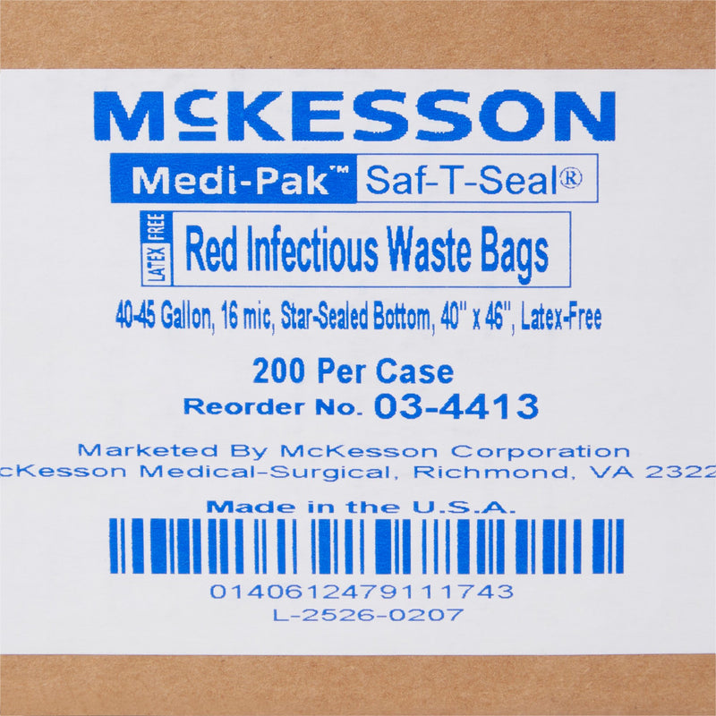 McKesson Biohazard Waste Bag Biohazard Symbol / Infectious Waste 40 to 45 gal. Red 40 X 46 Inch (192886_CS) 200/CS