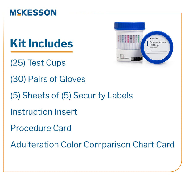 McKesson Drugs of Abuse Test Kit AMP, BAR, BUP, BZO, COC, mAMP/MET, MDMA, MOP300, MTD, OXY, PCP, PPX, TCA, THC (OX, pH, SG) 25 Tests CLIA Waived (1101528_BX) 25/BX