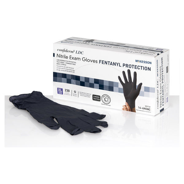 McKesson Confiderm® LDC Exam Glove X-Large NonSterile Nitrile Standard Cuff Length Fully Textured Black Chemo Tested / Fentanyl Tested (1159336_CS) 2300/CS