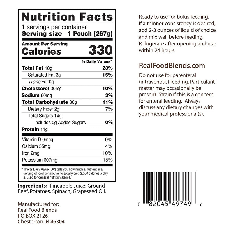 Real Food Blends® Tube Feeding Formula Beef / Potatoes / Spinach Flavor Liquid 9.4 oz. Pouch (1032563_CS) 12/CS