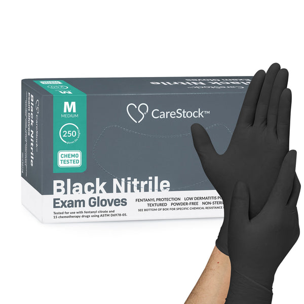 CareStock™ Exam Glove Medium NonSterile Nitrile Standard Cuff Length Fully Textured Black Not Rated (1230893_BX) 250/BX