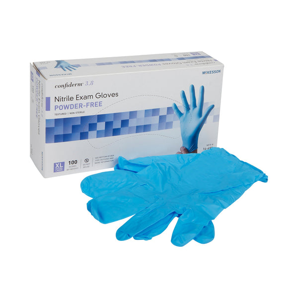 McKesson Confiderm® 3.8 Exam Glove X-Large NonSterile Nitrile Standard Cuff Length Textured Fingertips Blue Not Rated (921612_CS) 1000/CS