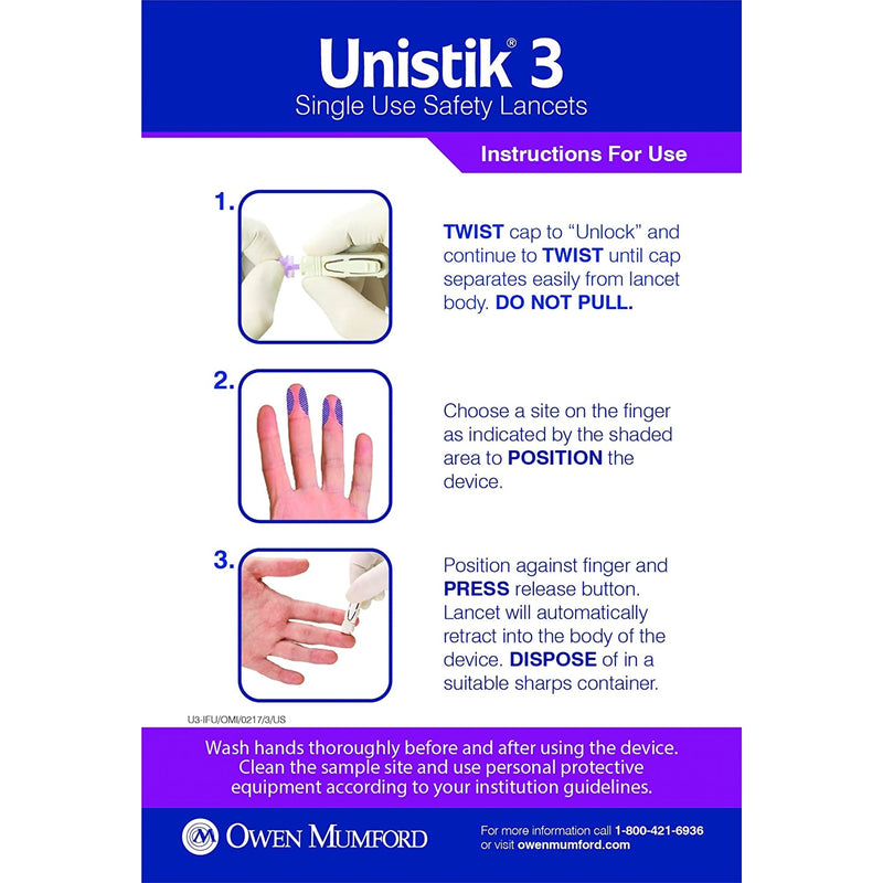 Unistik 3 Safety Lancet 23 Gauge Retractable Push Button Activation Finger (475825_BX) 100/BX