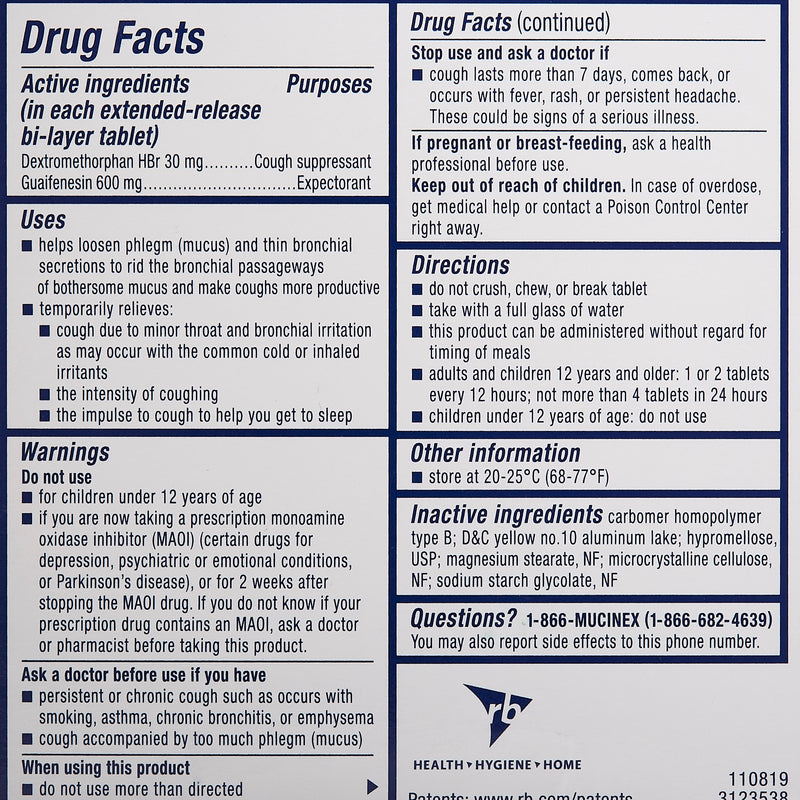 Mucinex® DM Cold and Cough Relief 600 mg - 30 mg Strength Tablet 20 per Box (718856_BX) 20/BX