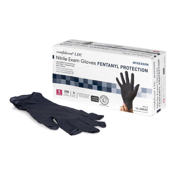 McKesson Confiderm® LDC Exam Glove Small NonSterile Nitrile Standard Cuff Length Fully Textured Black Chemo Tested / Fentanyl Tested (1159333_CS) 2500/CS