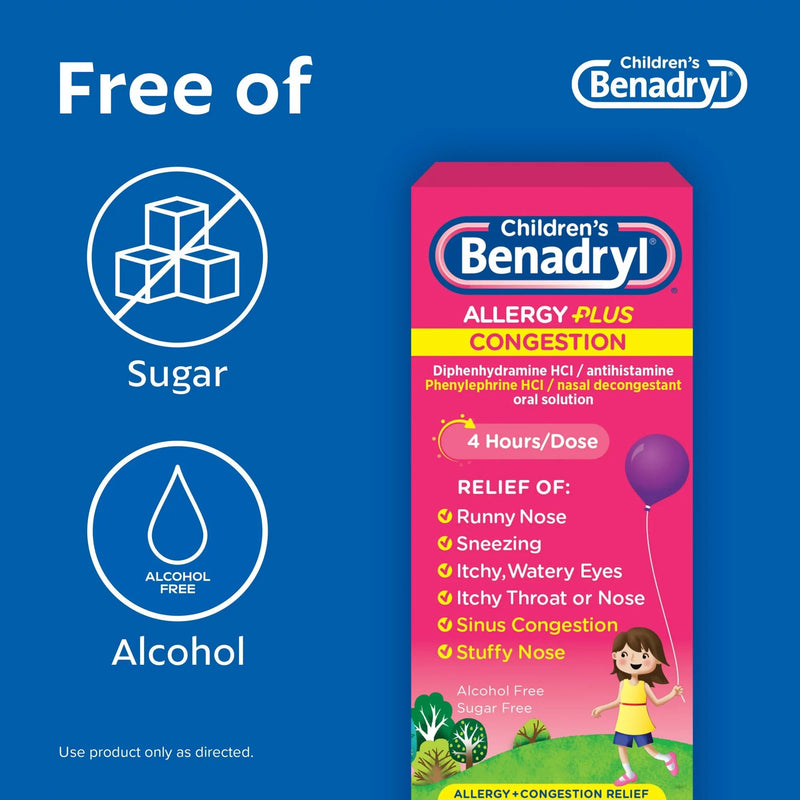 Children’s BENADRYL® Allergy Plus Congestion Children's Allergy Relief 12.5 mg - 5 mg Strength Liquid 4 oz. (1252651_EA) 1/EA