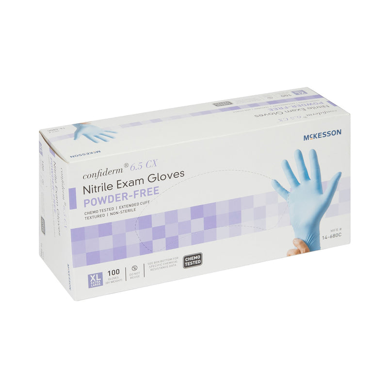 McKesson Confiderm® 6.5CX Exam Glove X-Large NonSterile Nitrile Extended Cuff Length Textured Fingertips Blue Chemo Tested (921609_CS) 1000/CS