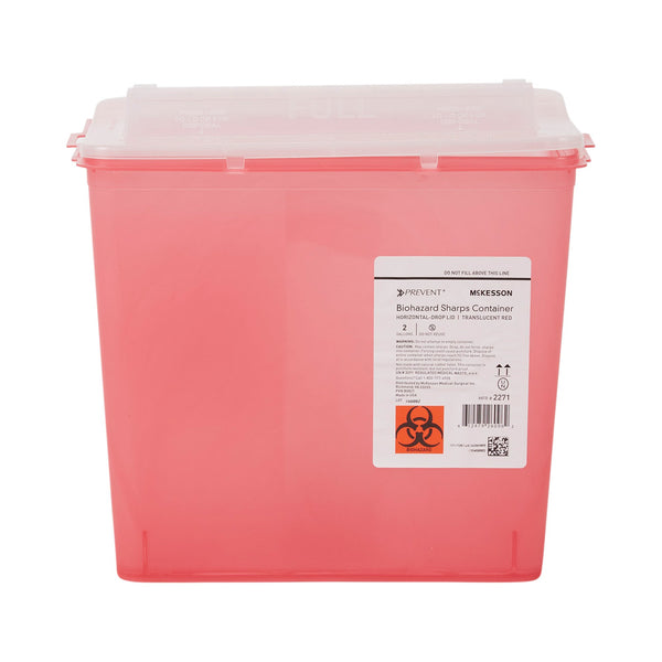 McKesson Prevent® Sharps Container Translucent Red Base 9-1/4 H X 10 W X 6 D Inch Horizontal Entry 2 Gallon (1202201_EA) 1/EA