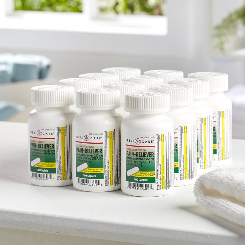 McKesson Brand Pain Relief 250 mg - 250 mg - 65 mg Strength Acetaminophen / Aspirin / Caffeine Caplet 100 per Bottle (868383_CS) 1200/CS