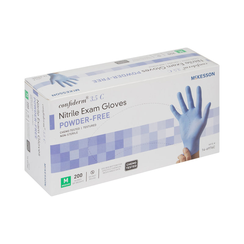 McKesson Confiderm® 3.5C Exam Glove Medium NonSterile Nitrile Standard Cuff Length Textured Fingertips Blue Chemo Tested (765875_CS) 2000/CS