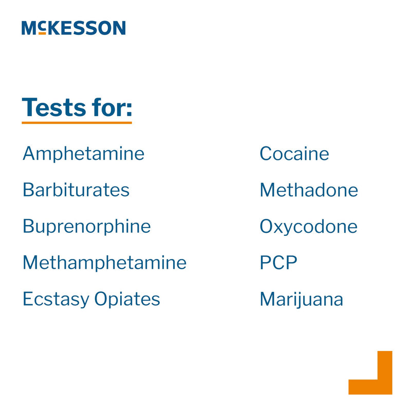 McKesson Drugs of Abuse Test Kit AMP, BAR, BUP, BZO, COC, mAMP/MET, MDMA, MOP300, MTD, OXY, PCP, THC (OX, pH, SG) 25 Tests CLIA Waived (1101519_BX) 25/BX