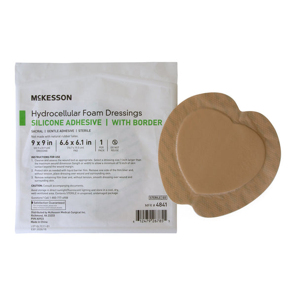 McKesson Foam Dressing 9 X 9 Inch With Border Waterproof Film Backing Silicone Gel Adhesive Sacral Sterile (1238306_BX) 5/BX