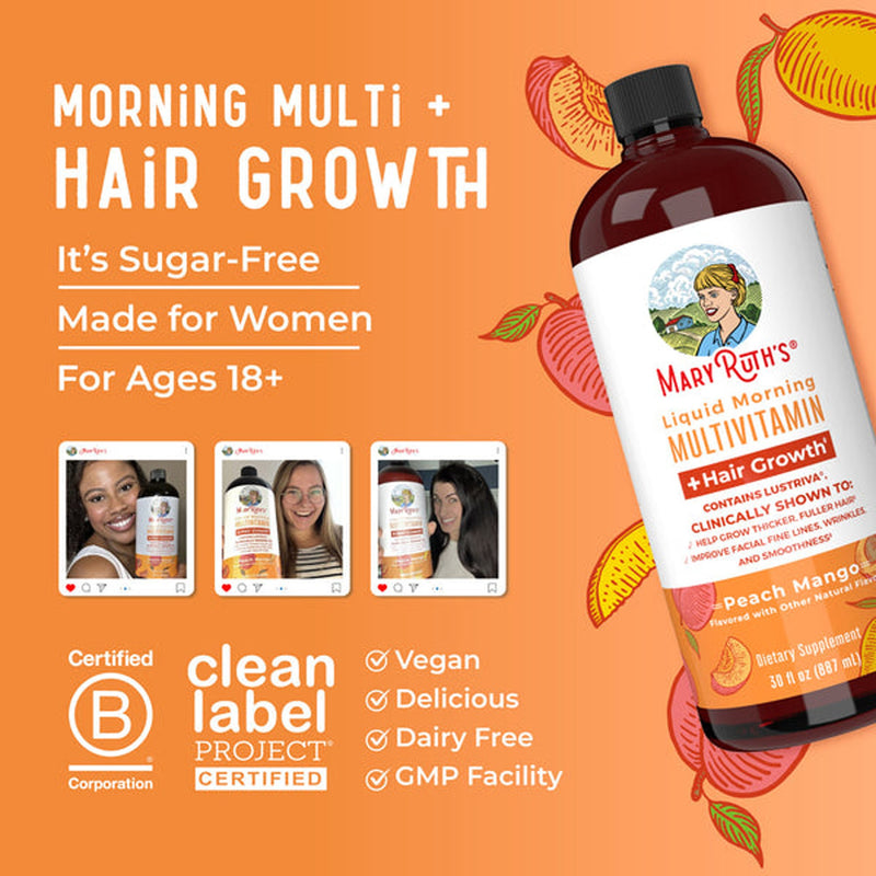 Mary Ruth's® Liquid Morning Multivitamin + Hair Growth Multivitamin Supplement Vitamin A / C / D / E 1,010 mcg - 90 mg - 20 mcg - 18 mg Strength Liquid 30 oz. Peach Mango Flavor (1271759_EA) 1/EA