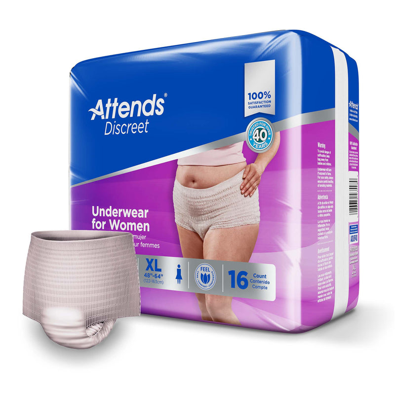 Attends® Discreet Female Adult Absorbent Underwear Pull On with Tear Away Seams X-Large Disposable Heavy Absorbency (1039112_BG) 16/BG