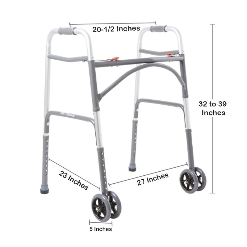 McKesson Bariatric Dual Release Folding Walker with Wheels Adjustable Height Steel Frame 500 lbs. Weight Capacity 32 to 39 Inch Height (1065261_CS) 2/CS