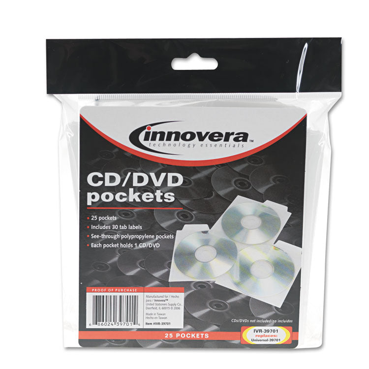 Innovera® CD/DVD Pockets, 1 Disc Capacity, Clear, 25/Pack (IVR39701) Pack of 25