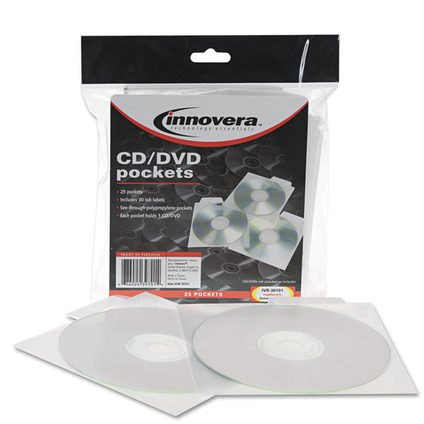 Innovera® CD/DVD Pockets, 1 Disc Capacity, Clear, 25/Pack (IVR39701)