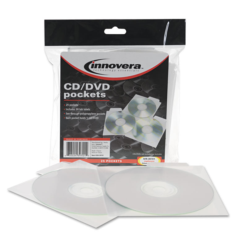 Innovera® CD/DVD Pockets, 1 Disc Capacity, Clear, 25/Pack (IVR39701) Pack of 25