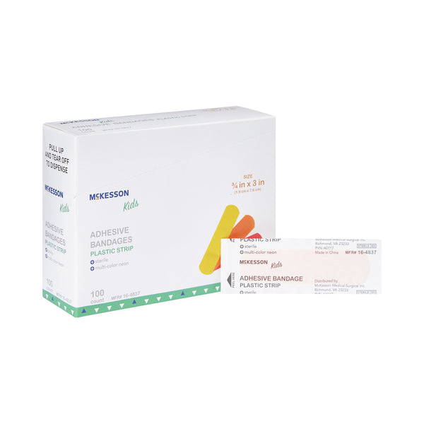 McKesson Kids™ Adhesive Strip 3/4 X 3 Inch Plastic Rectangle Neon Sterile (1055592_BX) 100/BX