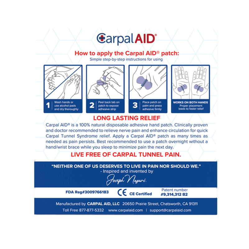Carpal AID® Patch Hand-Based Carpal Tunnel Support Plastic Left or Right Hand Clear Small (1233611_CS) 960/CS