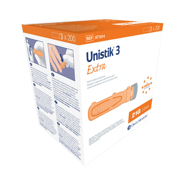 Unistik 3 Safety Lancet 21 Gauge Retractable Push Button Activation Finger (539417_BX) 200/BX