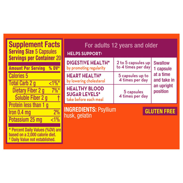 Metamucil® 3-in-1 Fiber Fiber Supplement Capsule 100 per Bottle 0.4 Gram Strength Potassium / Psyllium Husk (1229256_BT) 1/BT