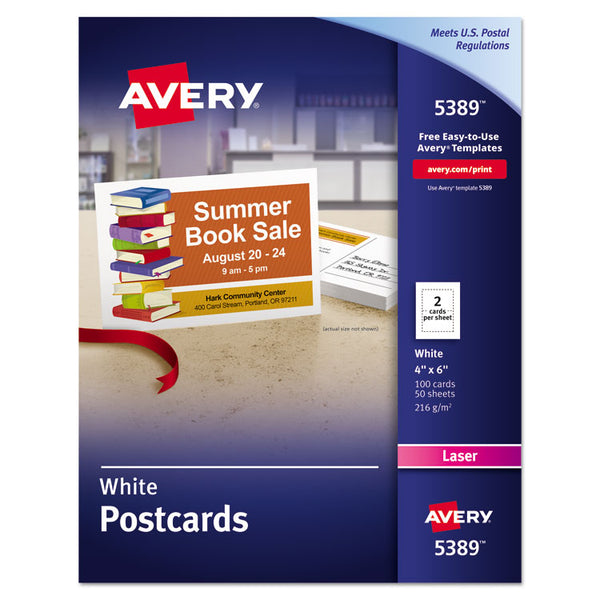 Avery® Printable Postcards, Laser, 80 lb, 4 x 6, Uncoated White, 100 Cards, 2/Cards/Sheet, 50 Sheets/Box (AVE5389)