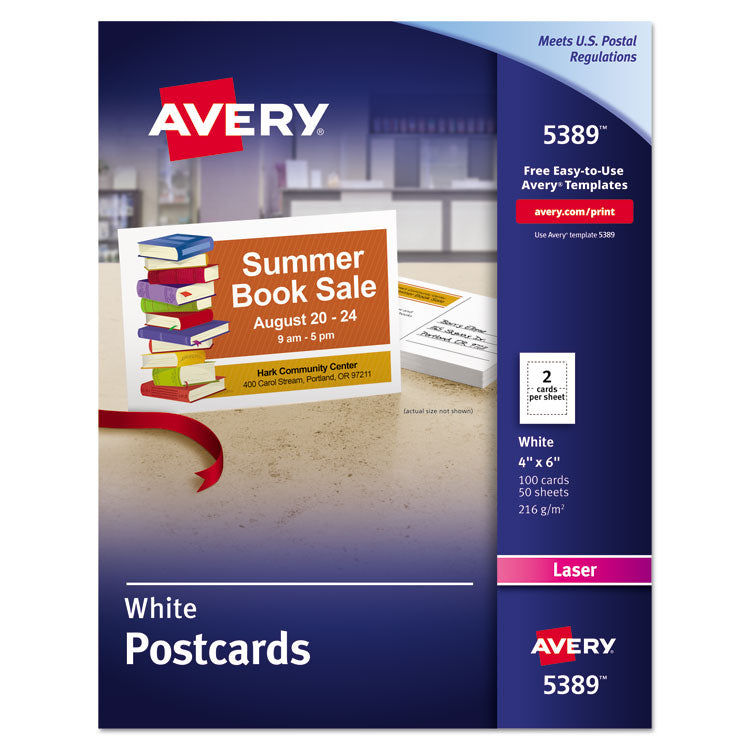 Avery® Printable Postcards, Laser, 80 lb, 4 x 6, Uncoated White, 100 Cards, 2/Cards/Sheet, 50 Sheets/Box (AVE5389) Each