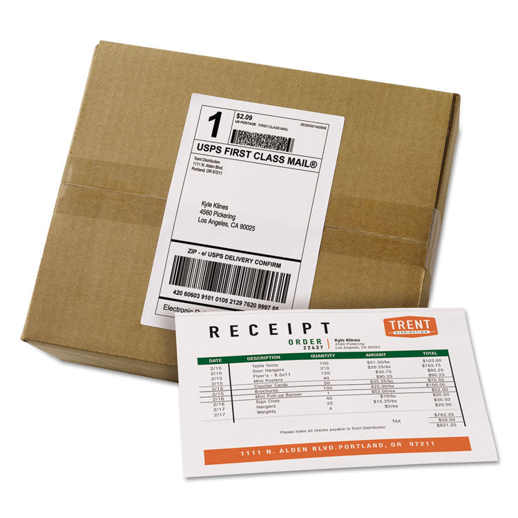 Avery® Shipping Labels with Paper Receipt Bulk Pack, Inkjet/Laser Printers, 5.06 x 7.63, White, 100/Box (AVE27900)