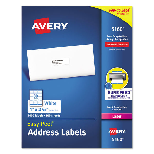 Avery® Easy Peel White Address Labels w/ Sure Feed Technology, Laser Printers, 1 x 2.63, White, 30/Sheet, 100 Sheets/Box (AVE5160)