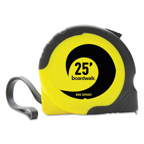 Boardwalk® Easy Grip Tape Measure, 25 ft, Plastic Case, Black and Yellow, 1/16" Graduations (BWKTAPEM25) Each