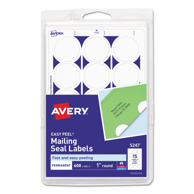 Avery® Printable Mailing Seals, 1" dia, White, 15/Sheet, 40 Sheets/Pack, (5247) (AVE05247)