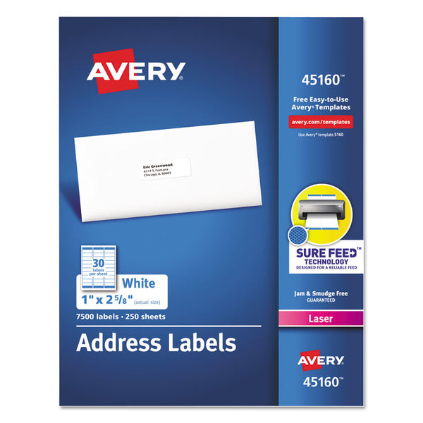 Avery® White Address Labels w/ Sure Feed Technology for Laser Printers, Laser Printers, 1 x 2.63, White, 30/Sheet, 250 Sheets/Box (AVE45160)