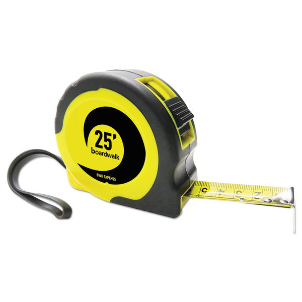 Boardwalk® Easy Grip Tape Measure, 25 ft, Plastic Case, Black and Yellow, 1/16" Graduations (BWKTAPEM25) Each