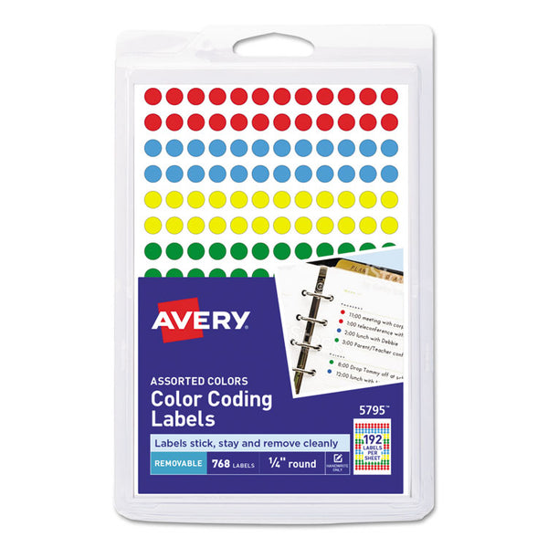 Avery® Handwrite Only Self-Adhesive Removable Round Color-Coding Labels, 0.25" dia, Assorted, 192/Sheet, 4 Sheets/Pack, (5795) (AVE05795)