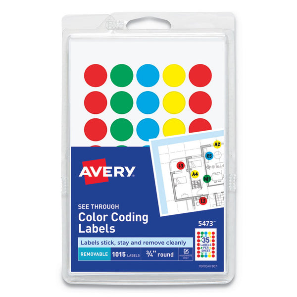 Avery® Handwrite-Only Self-Adhesive "See Through" Removable Round Color Dots, 0.75" dia, Assorted, 35/Sheet, 29 Sheets/Pack, (5473) (AVE05473)