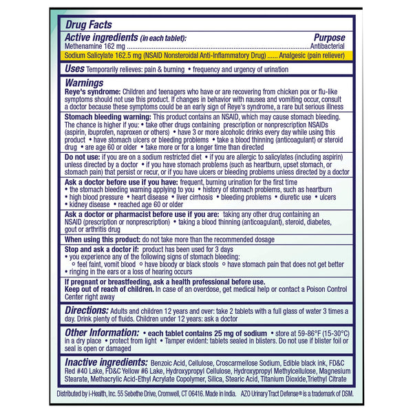 AZO® Urinary Tract Defense Urinary Pain Relief 162 mg - 162.5 mg Strength Methenamine / Sodium Salicylate Tablet 18 per Box (1268935_BX) 1/BX
