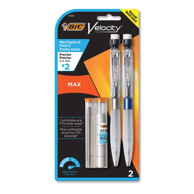 BIC® Velocity Max Pencil, 0.5 mm, HB (#2), Black Lead, Gray Barrel, 2/Pack (BICMPMX5P21)