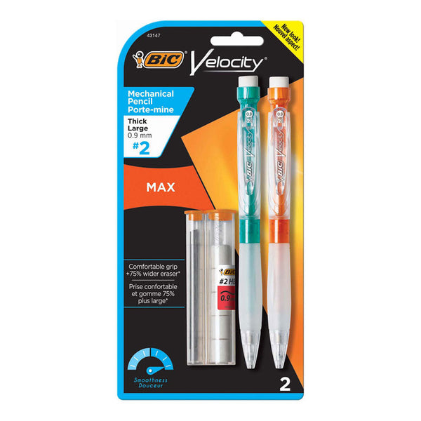 BIC® Velocity Max Pencil, 0.9 mm, HB (#2), Black Lead, Assorted Barrel Colors, 2/Pack (BICMPMX9P21)