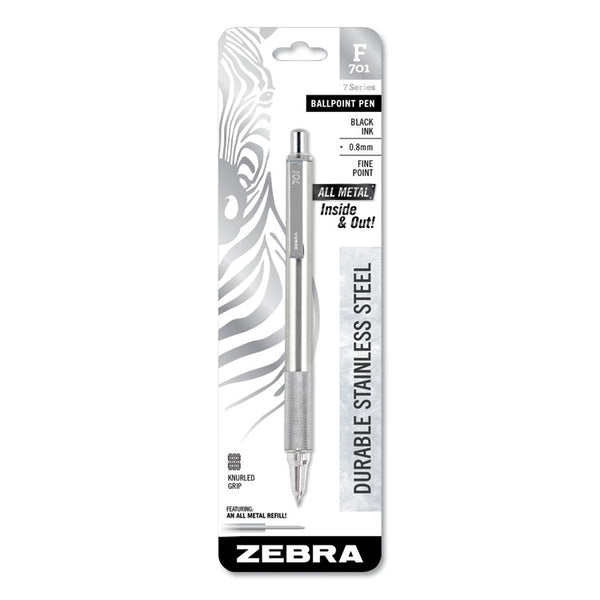 Zebra® F-701 Ballpoint Pen, Retractable, Fine 0.7 mm, Black Ink, Stainless Steel/Black Barrel (ZEB29411)