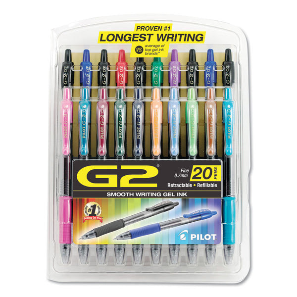 Pilot® G2 Premium Gel Pen, Retractable, Fine 0.7 mm, Assorted Ink and Barrel Colors, 20/Pack (PIL31294)