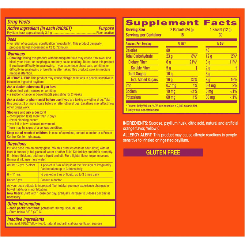 Metamucil® Fiber Supplement Orange Flavor Powder 30 per Box 3.4 Gram Strength Psyllium Husk (529815_BX) 1/BX