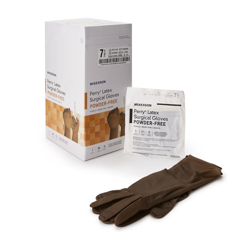 McKesson Perry® Surgical Glove Size 7.5 Sterile Latex Standard Cuff Length Smooth Brown Not Chemo Approved (1044731_BX) 50/BX