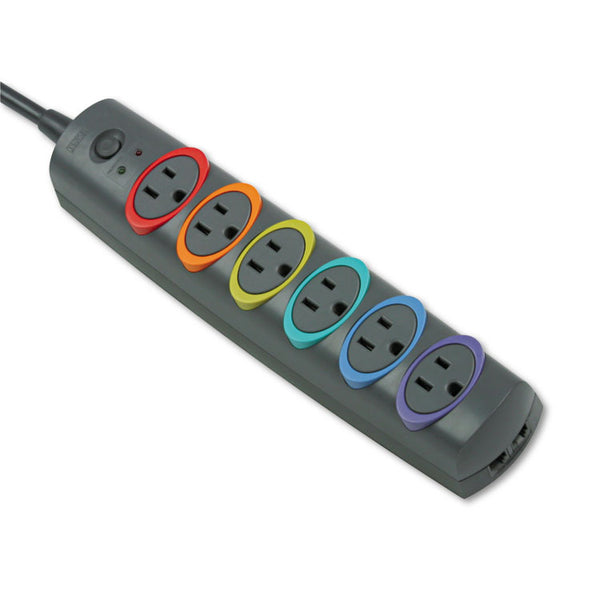Kensington® SmartSockets Color-Coded Strip Surge Protector, 6 AC Outlets, 8 ft Cord, 1,260 J, Black (KMW62144)