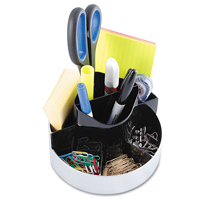 Kantek Rotating Desk Organizer, 8 Compartments, Plastic, 6 x 5.75 x 4.5, Black/Silver (KTKORG620) Each