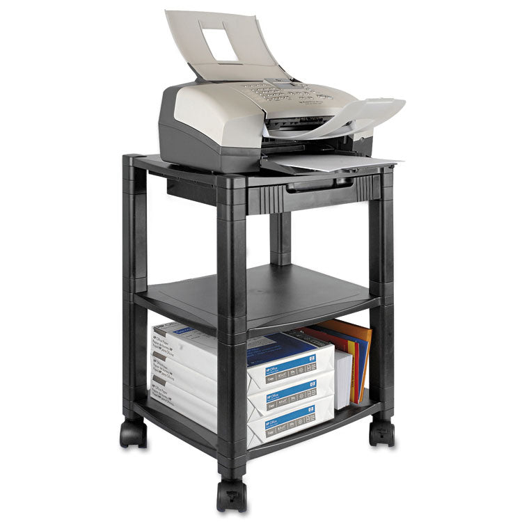 Kantek Height-Adjustable Deskside Printer Cart, Plastic, 3 Shelves, 1 Drawer, 75 lb Capacity, 17" x 13.25" x 24.5", Black (KTKPS540) Each