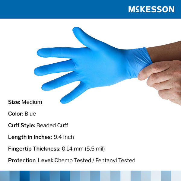 McKesson Confiderm® 6.8C Exam Glove Medium NonSterile Nitrile Standard Cuff Length Fully Textured Blue Chemo Tested / Fentanyl Tested (1225746_BX) 100/BX
