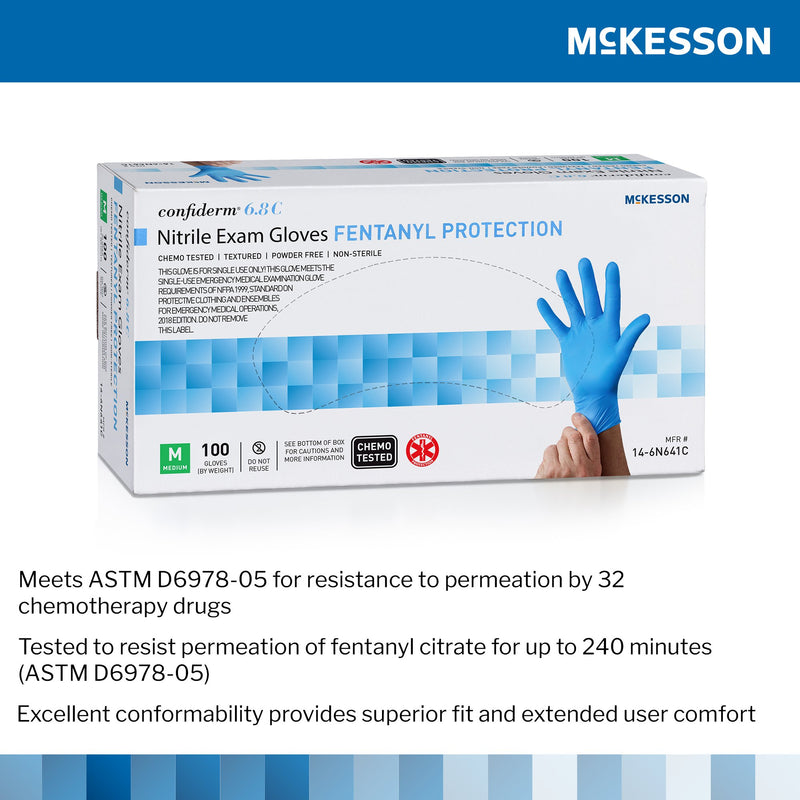 McKesson Confiderm® 6.8C Exam Glove Medium NonSterile Nitrile Standard Cuff Length Fully Textured Blue Chemo Tested / Fentanyl Tested (1225746_BX) 100/BX